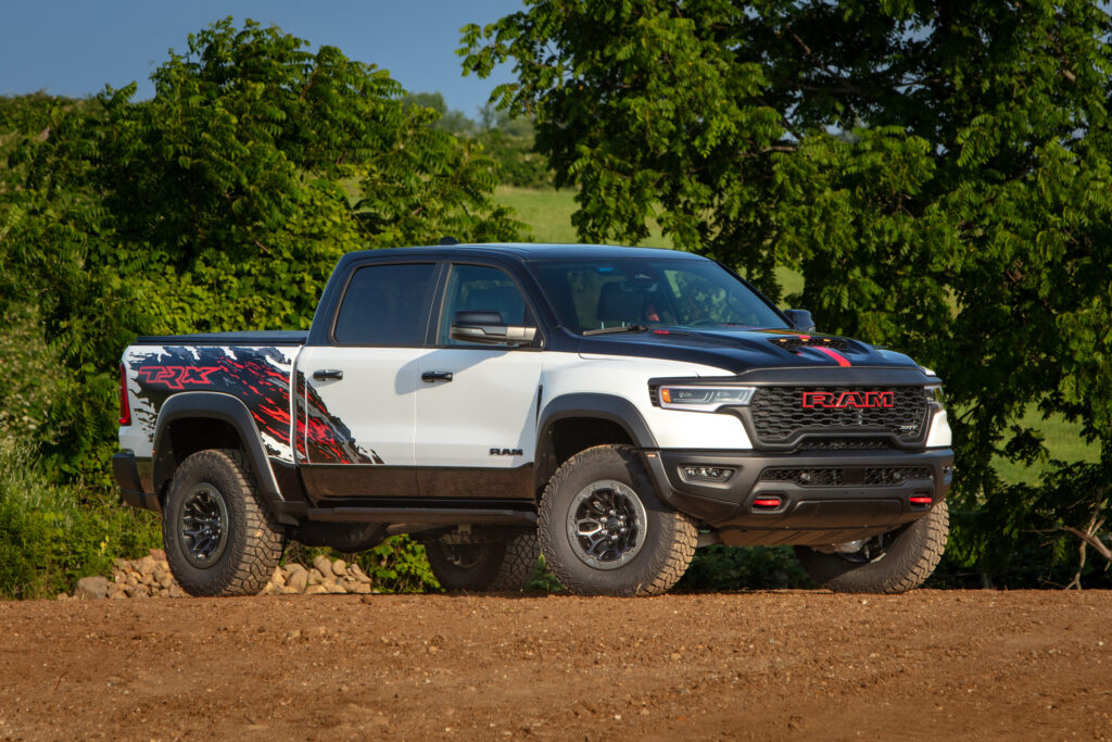 2027 Dodge Ram 1500 pickup truck in front three-quarter view with bold styling and modern LED headlights.