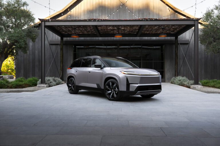 2027 Toyota Highlander Electric SUV in sleek blue, showcasing modern aerodynamic design, three-row seating, and advanced EV styling for families"