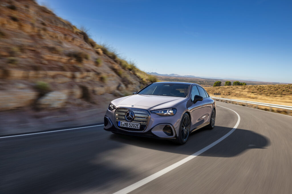 "2026 Mercedes-Benz C-Class Electric featuring a sleek luxury electric sedan with a streamlined silhouette, signature LED lighting, aerodynamic styling, premium alloy wheels, and a refined modern exterior design."