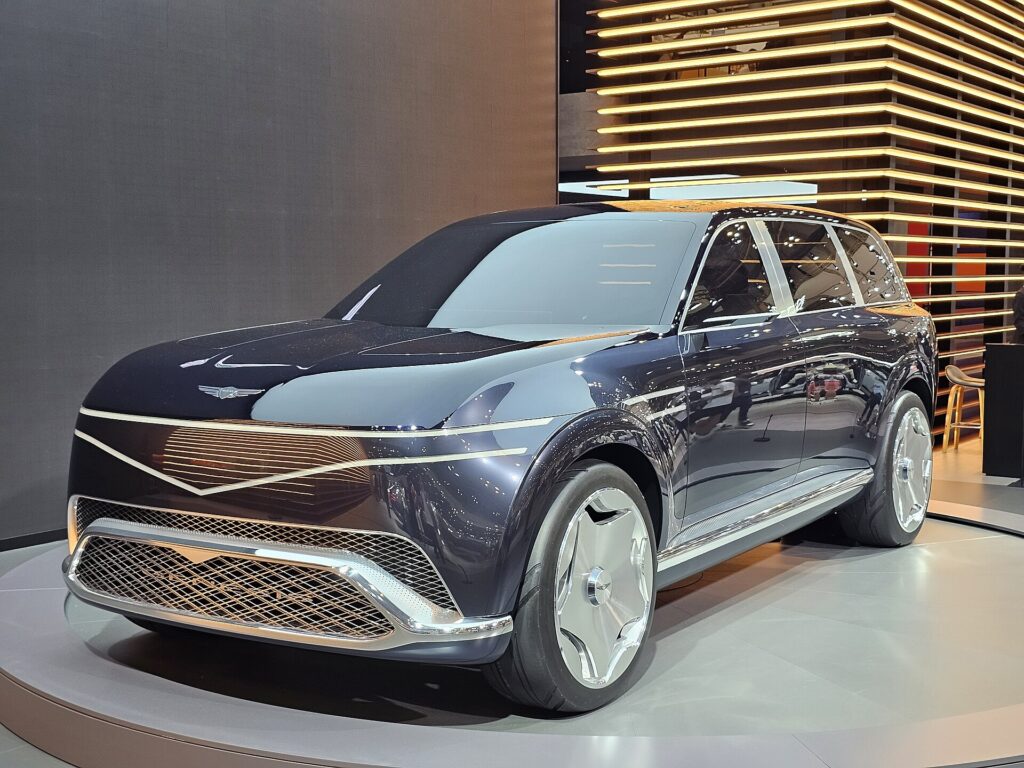 2026 Genesis GV90 flagship electric SUV with modern LED lighting and elegant design