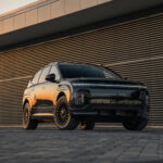 2027 Hyundai Ioniq 9 futuristic electric SUV with LED pixel lights and three-row design.