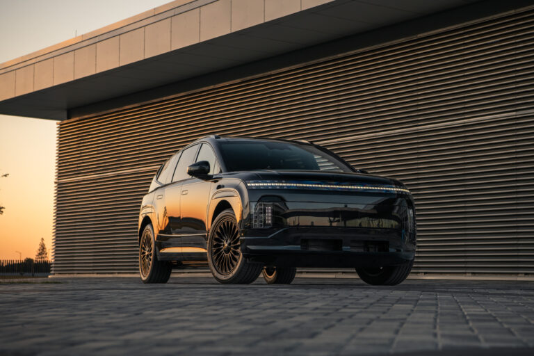 2027 Hyundai Ioniq 9 futuristic electric SUV with LED pixel lights and three-row design.